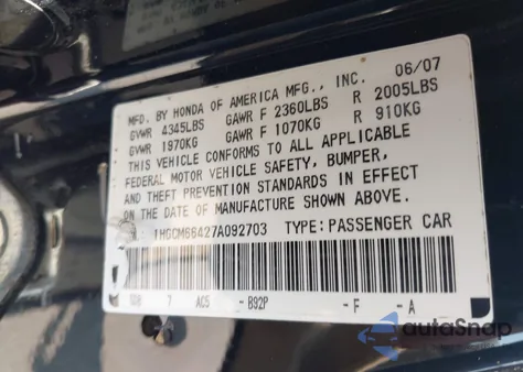 2007 Honda Accord Se from USA, damaged, VIN 1HGCM66427A092703